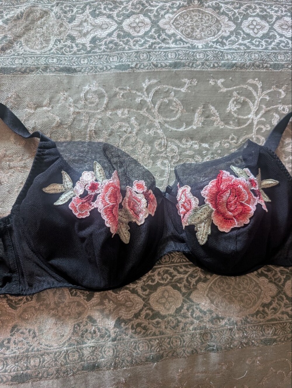Cacique Black Underwire Bra with Pink Rose Embroidery